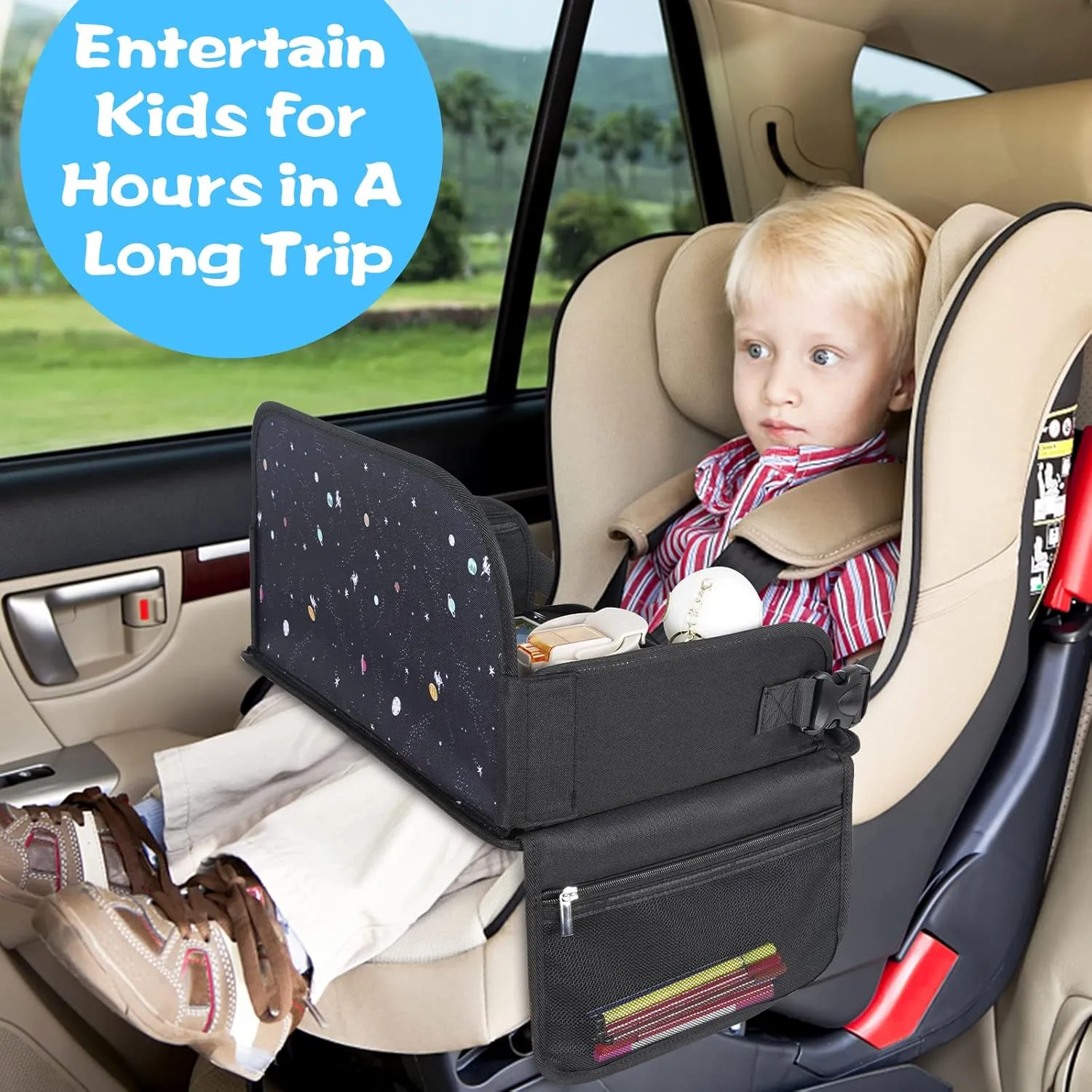 Kids Travel Tray, Travel Tray for Kids Car Seat with Educational Drawing Board, Tablet Holder & Cooler Cup Holder, Portable Road Trip Essentials Child's Gifts for Car Trip, Airplane, Black
