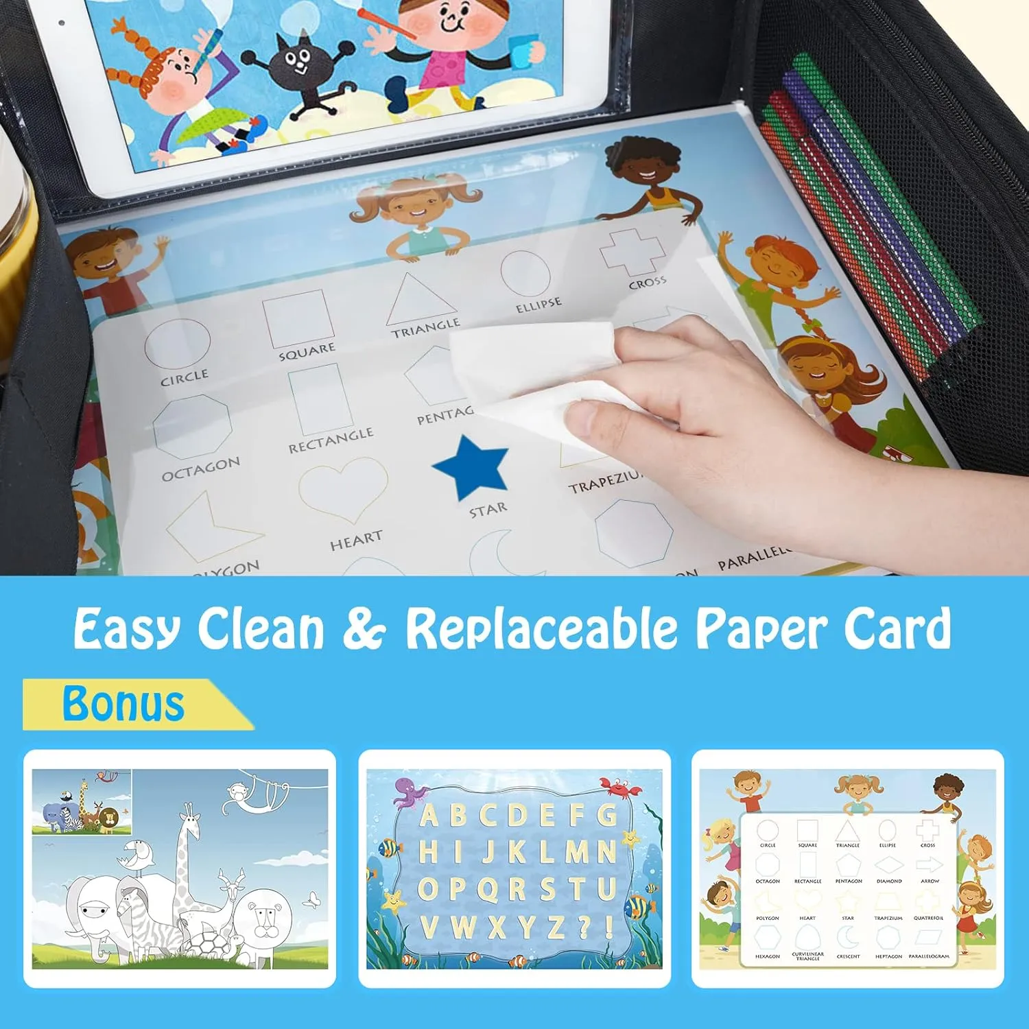 Kids Travel Tray, Travel Tray for Kids Car Seat with Educational Drawing Board, Tablet Holder & Cooler Cup Holder, Portable Road Trip Essentials Child's Gifts for Car Trip, Airplane, Black