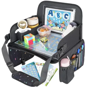 Kids Travel Tray, Travel Tray for Kids Car Seat with Educational Drawing Board, Tablet Holder & Cooler Cup Holder, Portable Road Trip Essentials Child's Gifts for Car Trip, Airplane, Black