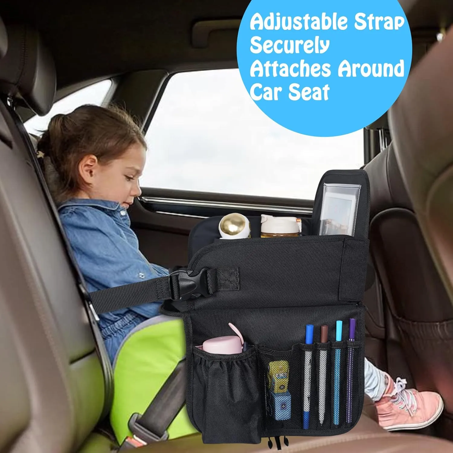 Kids Travel Tray, Travel Tray for Kids Car Seat with Educational Drawing Board, Tablet Holder & Cooler Cup Holder, Portable Road Trip Essentials Child's Gifts for Car Trip, Airplane, Black