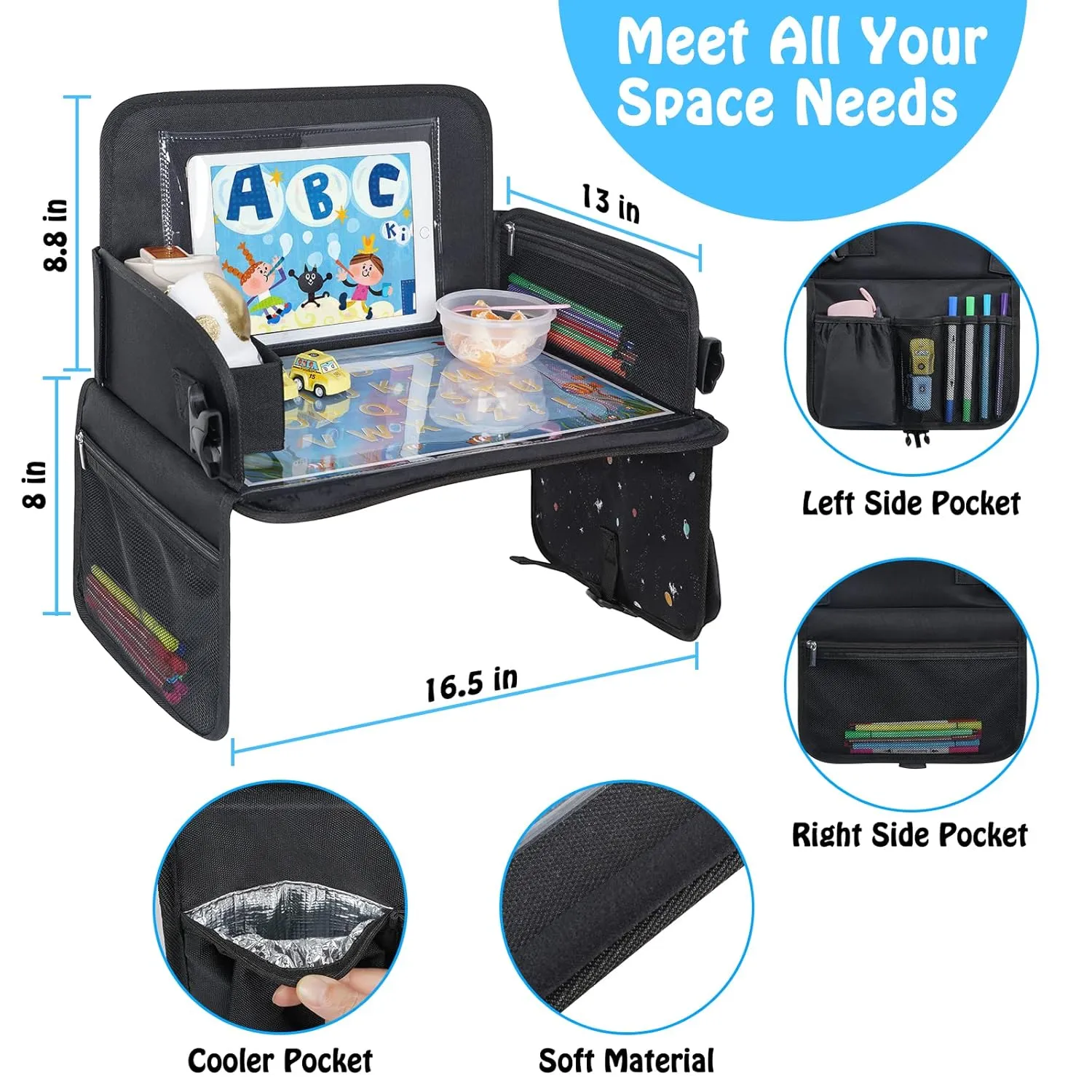 Kids Travel Tray, Travel Tray for Kids Car Seat with Educational Drawing Board, Tablet Holder & Cooler Cup Holder, Portable Road Trip Essentials Child's Gifts for Car Trip, Airplane, Black