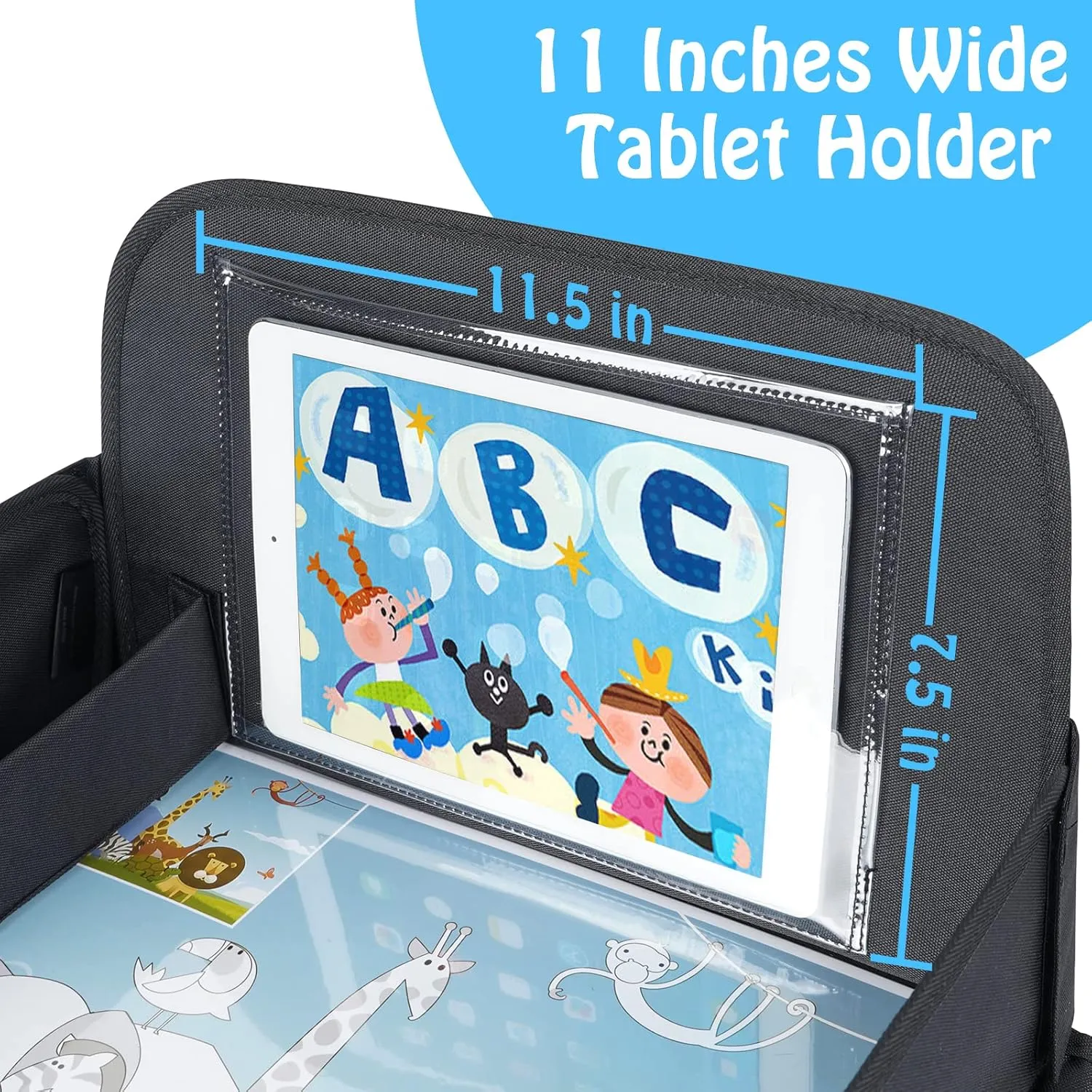 Kids Travel Tray, Travel Tray for Kids Car Seat with Educational Drawing Board, Tablet Holder & Cooler Cup Holder, Portable Road Trip Essentials Child's Gifts for Car Trip, Airplane, Black