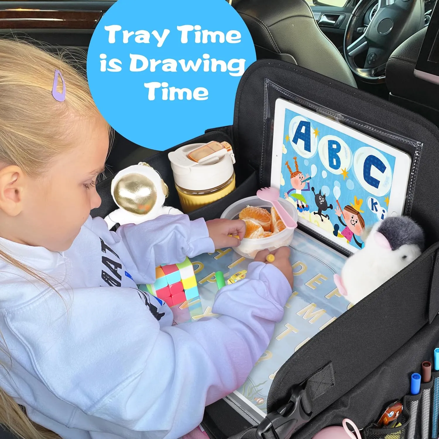 Kids Travel Tray, Travel Tray for Kids Car Seat with Educational Drawing Board, Tablet Holder & Cooler Cup Holder, Portable Road Trip Essentials Child's Gifts for Car Trip, Airplane, Black