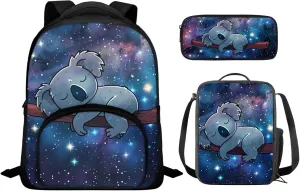 Koalas Print Backpack for Boys 10-14 School Bag Set for Kids 3 in 1 Portable Large Capacity Rucksack with Insulated Lunch Box Small Pen Case 3 Pieces