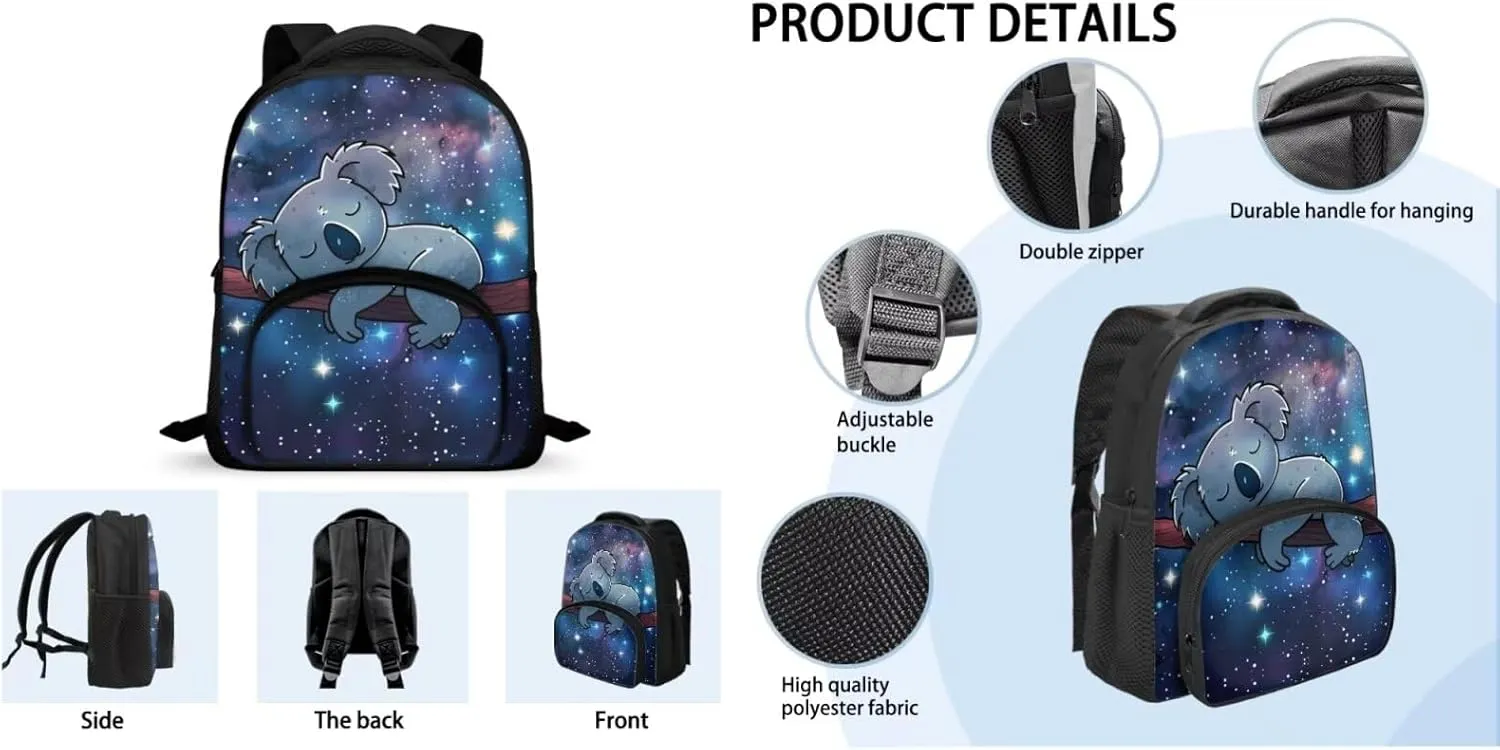 Koalas Print Backpack for Boys 10-14 School Bag Set for Kids 3 in 1 Portable Large Capacity Rucksack with Insulated Lunch Box Small Pen Case 3 Pieces