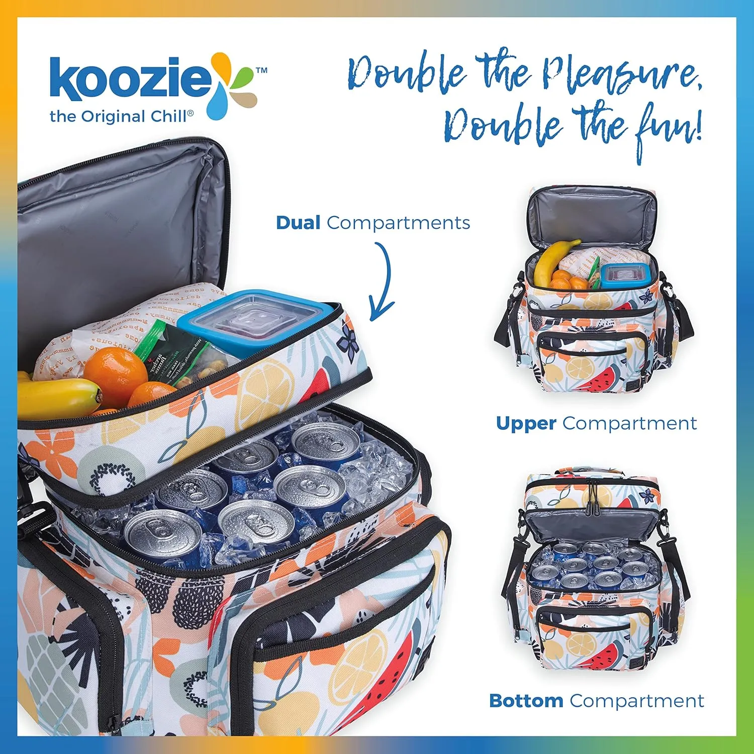 KOOZIE Dual Compartment Cooler Lunch Bag for Women - Large Double Decker Insulated Lunch Box with Removable Shoulder Strap - Resuable Lunch Tote for Work, Travel, Beach, Picnic