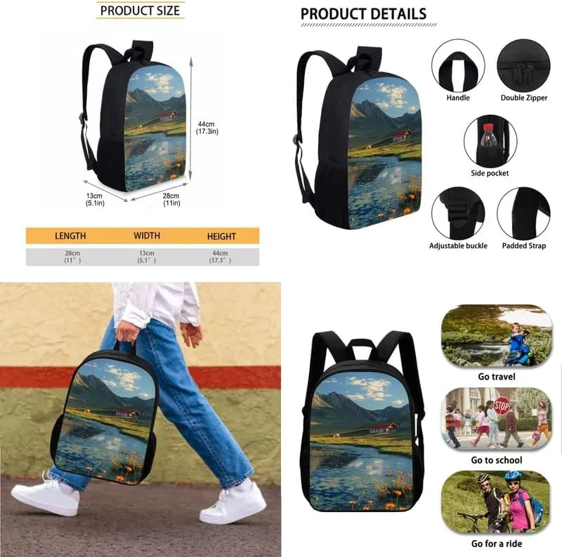 Lakeside Mountian Hand Drawing Backpack with Lunch Box Pencil Holder Case,Chinese Landspace Watercolor Painting Casual Travel Rucksack Kids School Bookbag,Set of 3