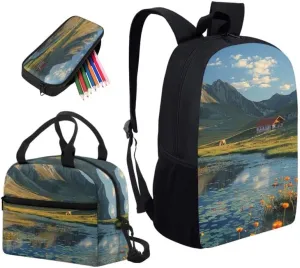 Lakeside Mountian Hand Drawing Backpack with Lunch Box Pencil Holder Case,Chinese Landspace Watercolor Painting Casual Travel Rucksack Kids School Bookbag,Set of 3