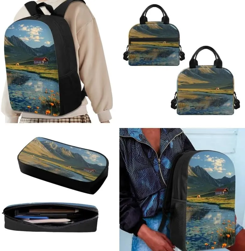 Lakeside Mountian Hand Drawing Backpack with Lunch Box Pencil Holder Case,Chinese Landspace Watercolor Painting Casual Travel Rucksack Kids School Bookbag,Set of 3