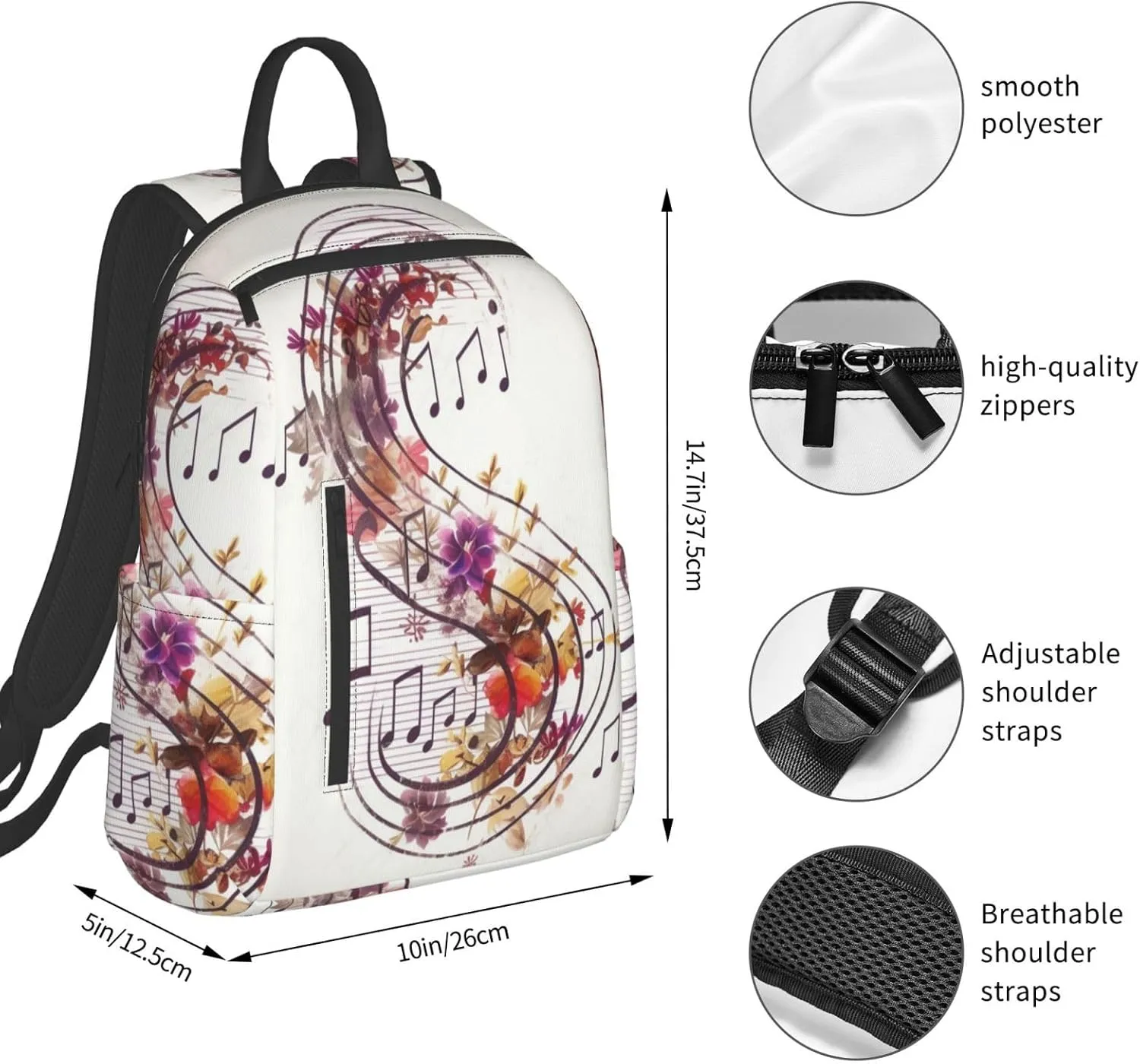 Laptop Backpack 14.7 Inch with Compartment Musical Note Floral Laptop Bag Lightweight Casual Daypack for Travel