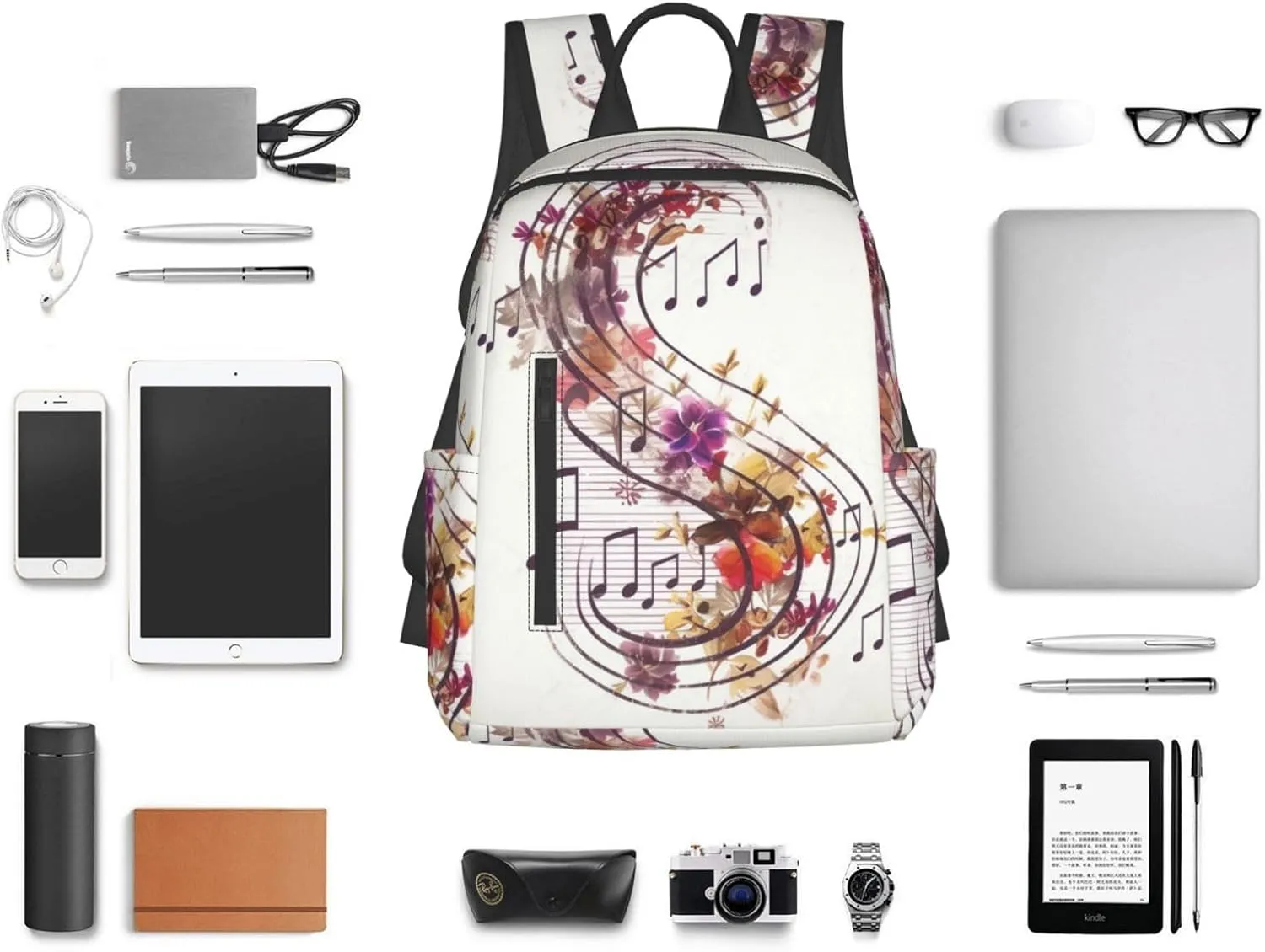Laptop Backpack 14.7 Inch with Compartment Musical Note Floral Laptop Bag Lightweight Casual Daypack for Travel