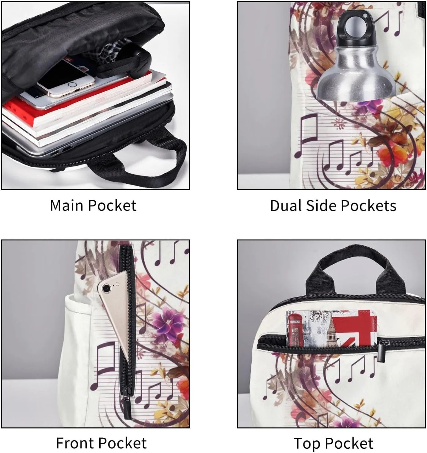 Laptop Backpack 14.7 Inch with Compartment Musical Note Floral Laptop Bag Lightweight Casual Daypack for Travel