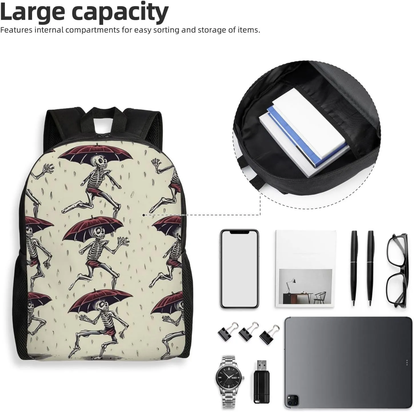 Laptop Backpack for Men Women Lightweight Backpack Skeleton Dancing with Umbrella Rucksack Laptop Bag Daypack for Travel