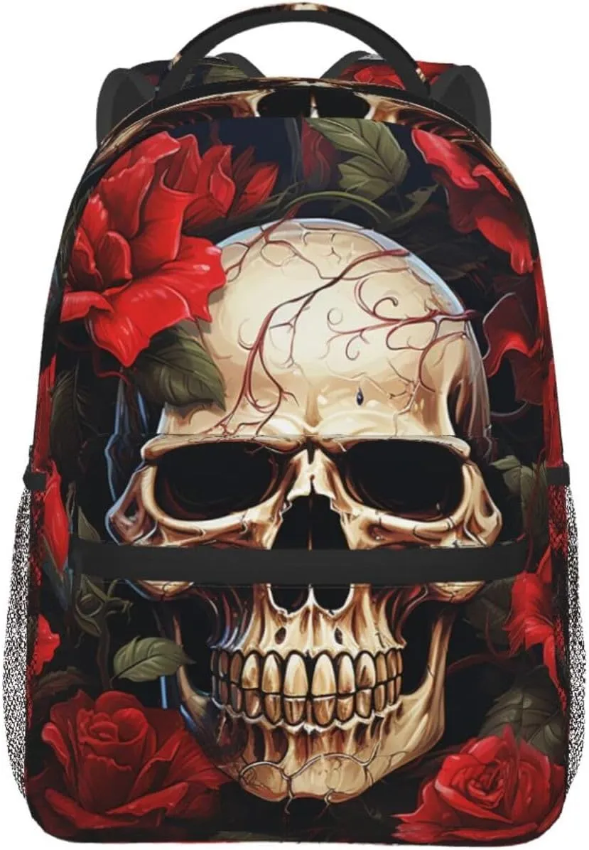 Laptop Backpack Lightweight Daypack for Men Women Skull Rose-Red Backpack Laptop Bag for Travel Hiking