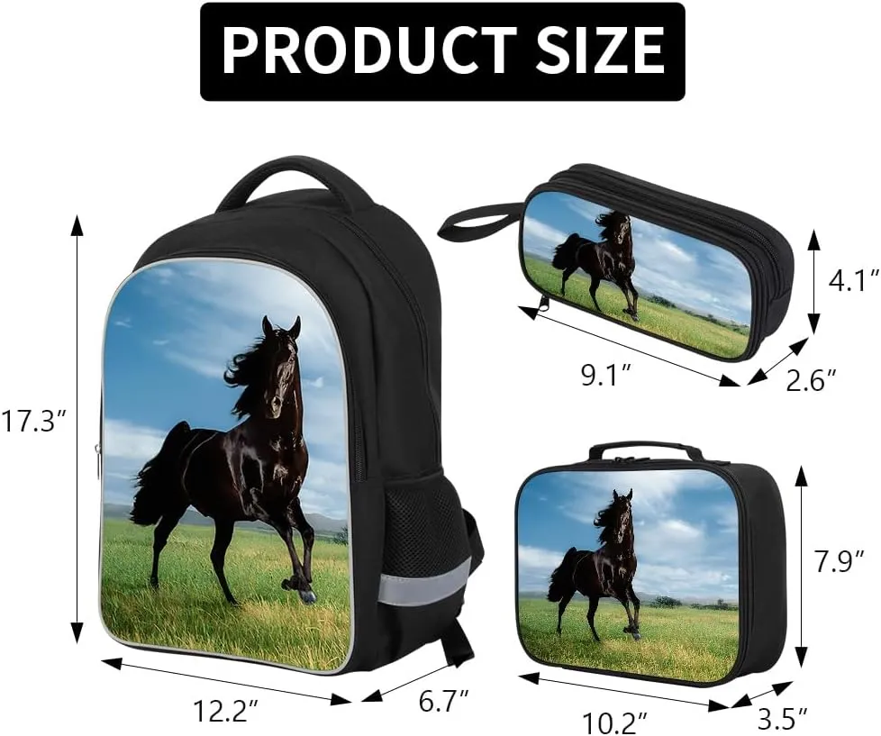 Large Capacity Animal Printed Backpack Boys Horse School Bag with Lunch Bag Pencil Case