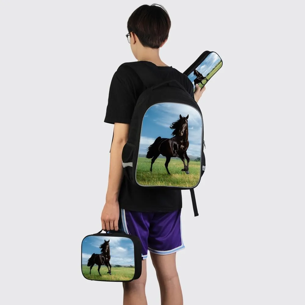 Large Capacity Animal Printed Backpack Boys Horse School Bag with Lunch Bag Pencil Case