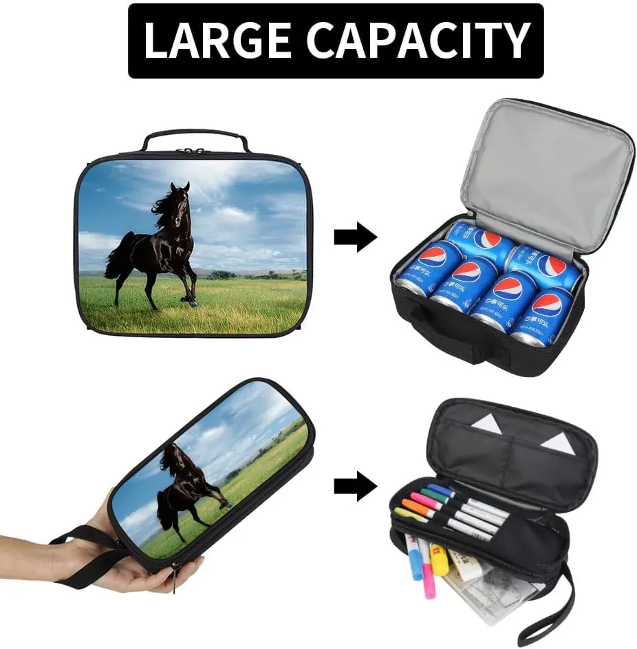 Large Capacity Animal Printed Backpack Boys Horse School Bag with Lunch Bag Pencil Case