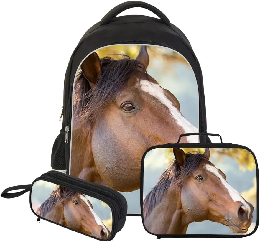 Large Capacity Animal Printed Backpack Boys Horse School Bag with Lunch Bag Pencil Case