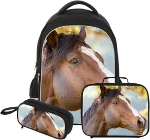 Large Capacity Animal Printed Backpack Boys Horse School Bag with Lunch Bag Pencil Case