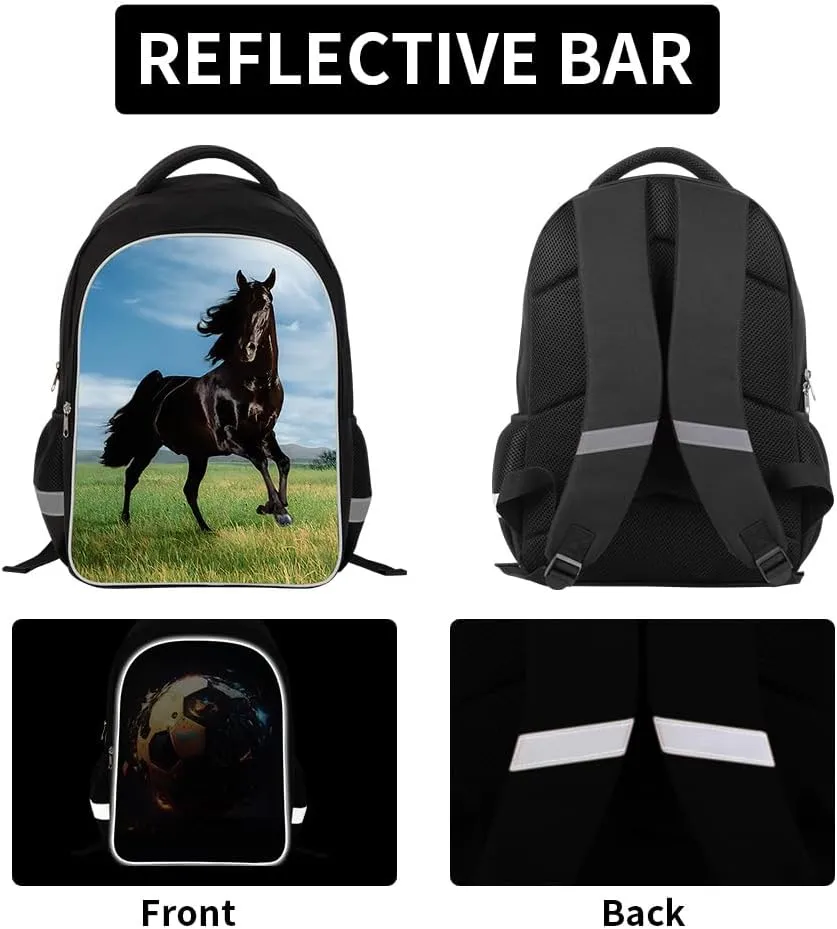 Large Capacity Animal Printed Backpack Boys Horse School Bag with Lunch Bag Pencil Case