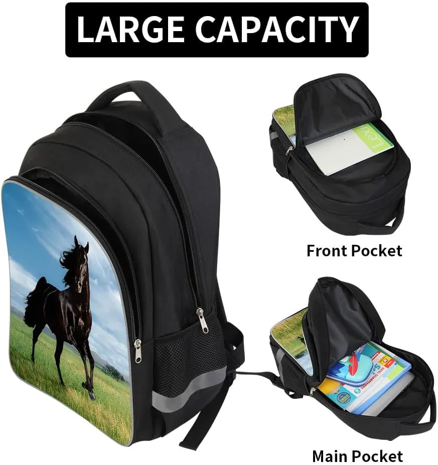 Large Capacity Animal Printed Backpack Boys Horse School Bag with Lunch Bag Pencil Case