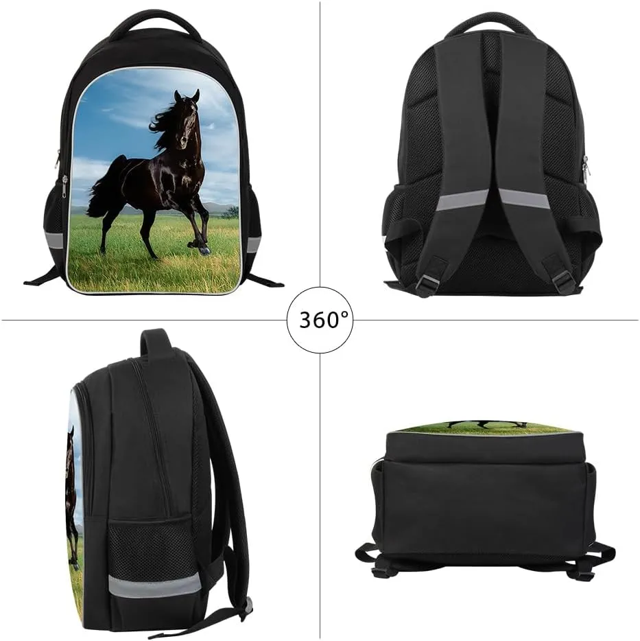 Large Capacity Animal Printed Backpack Boys Horse School Bag with Lunch Bag Pencil Case