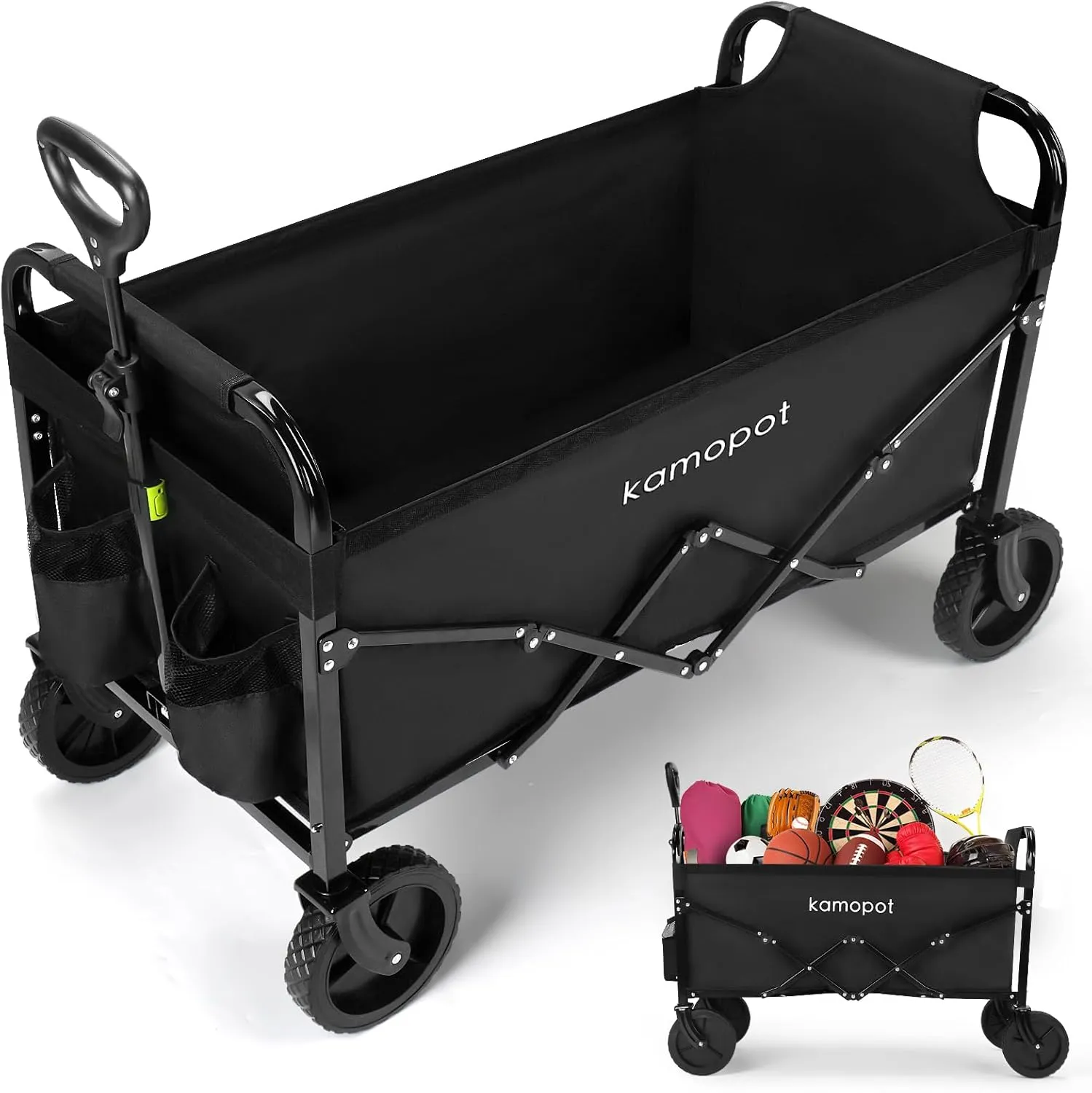Large Collapsible Wagon Foldable for Grocery, Beach, Park, Yard, 34" x 18" Inner Storage. 300lb Heavy Duty Folding Utility Cart on Wheels w/Cupholders