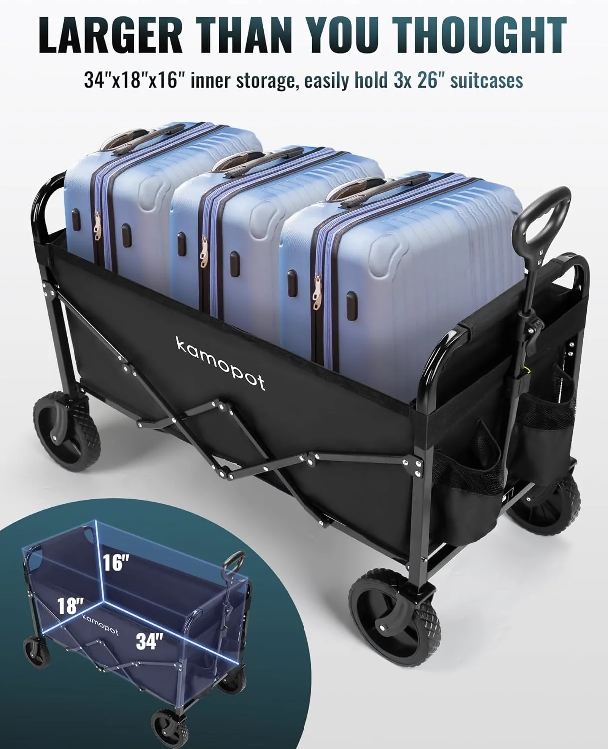 Large Collapsible Wagon Foldable for Grocery, Beach, Park, Yard, 34" x 18" Inner Storage. 300lb Heavy Duty Folding Utility Cart on Wheels w/Cupholders