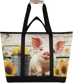 Large Insulated Cooler Bag Pig Cute Bucket Sunflower, Collapsible Soft Cooler Makes a Perfect Insulated Grocery Bag, Food Delivery Bag, Travel Insulated Bag or Beach Cooler Bags