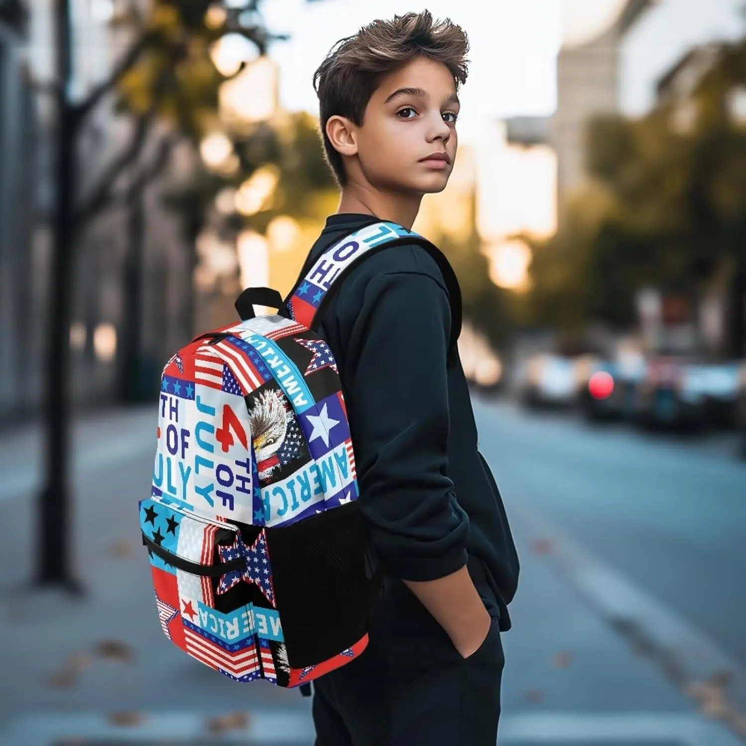 Large Travel Backpack Hiking Rucksack for Men Women American Independence Day Pattern Large Travel Laptop Bag for Unisex for Office Work and Outdoor