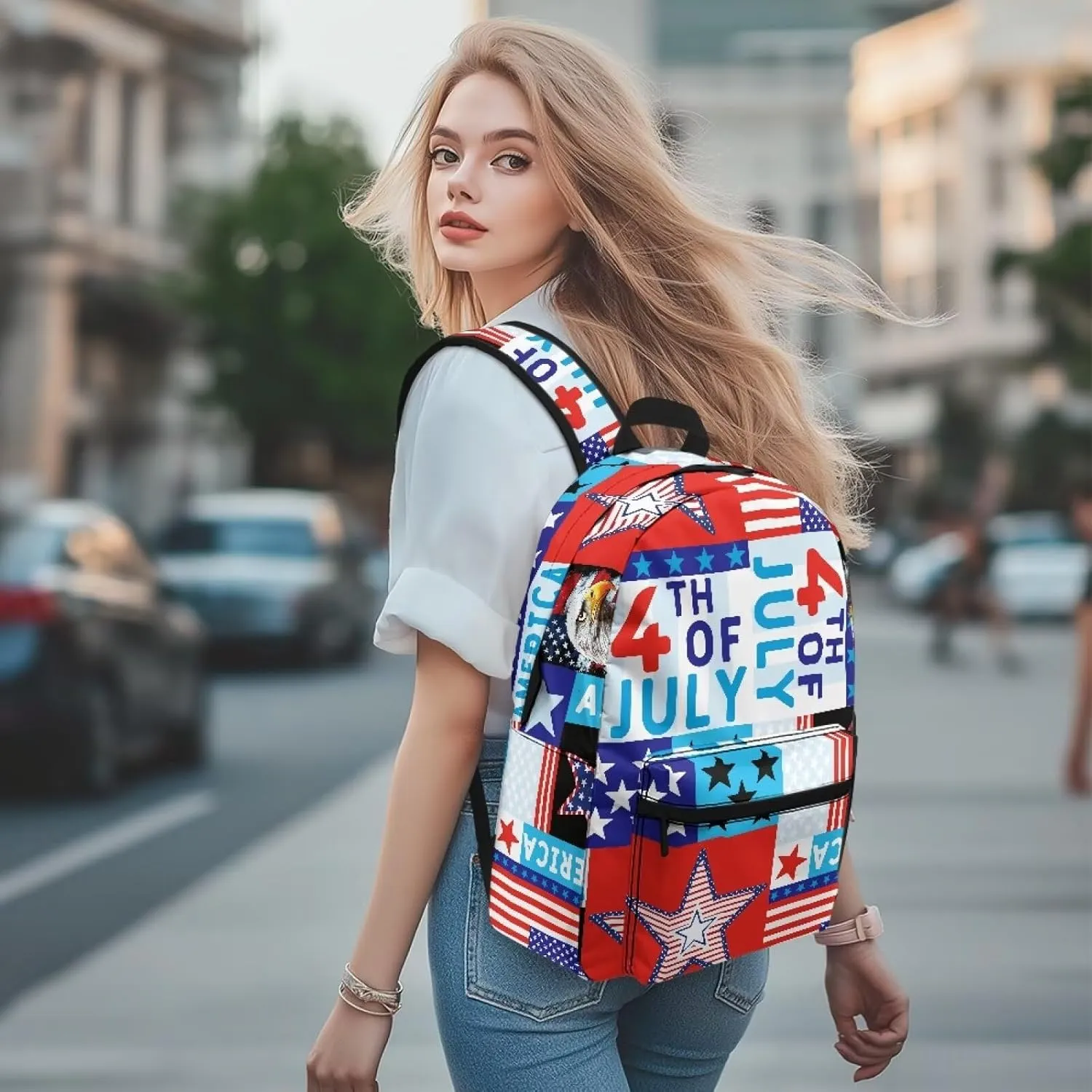 Large Travel Backpack Hiking Rucksack for Men Women American Independence Day Pattern Large Travel Laptop Bag for Unisex for Office Work and Outdoor