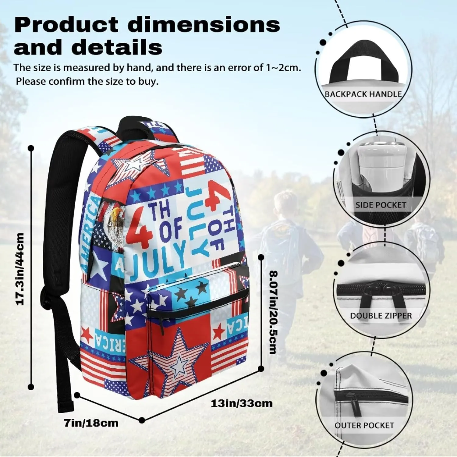 Large Travel Backpack Hiking Rucksack for Men Women American Independence Day Pattern Large Travel Laptop Bag for Unisex for Office Work and Outdoor