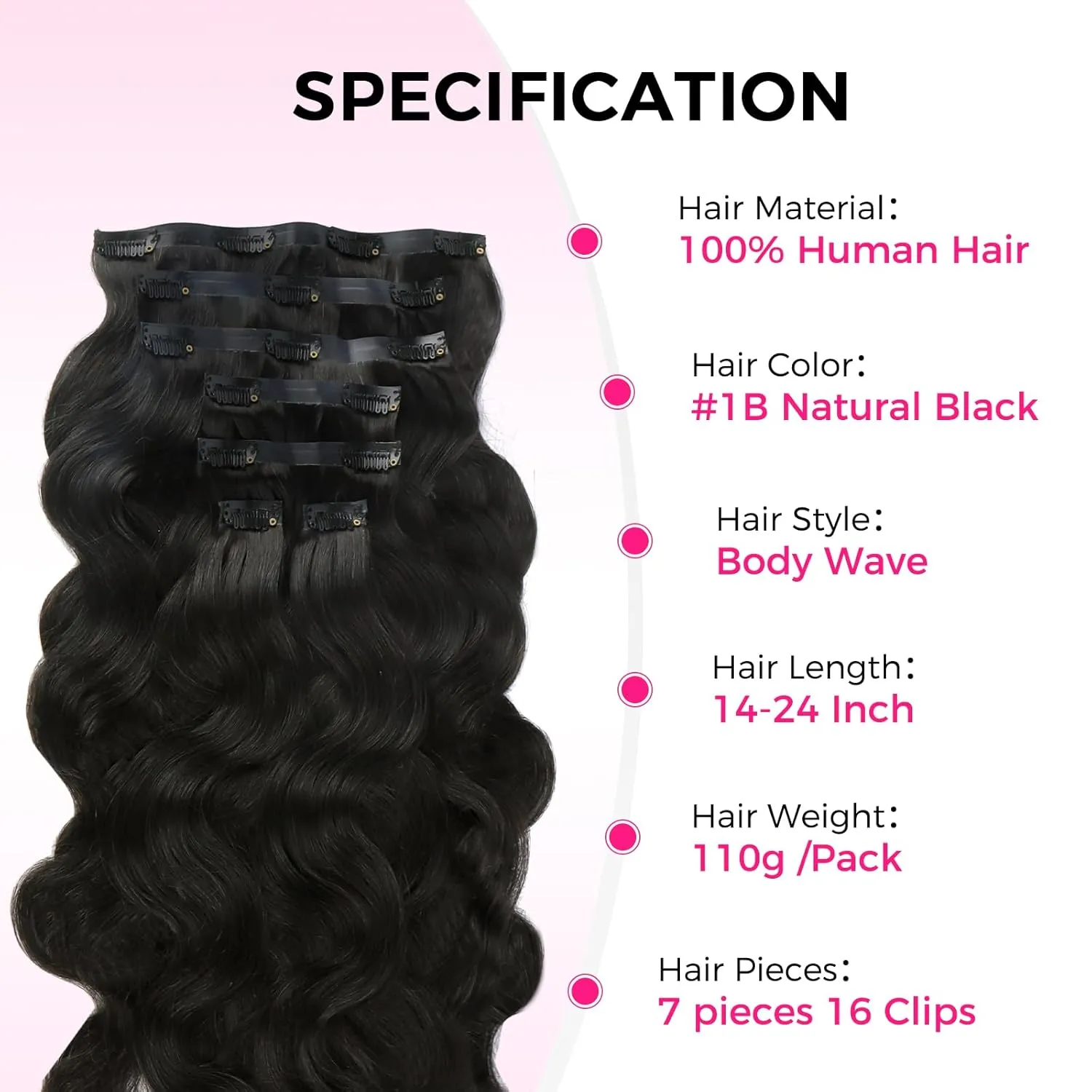 Lashey Invisi Edge Clip in Hair Extensions, 7pcs 110g 14 Inch Natural Black Seamless Clip in Hair Extensions Human Hair Body Wave Real Remy Human Hair