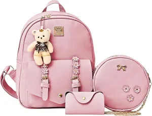Leather Mini Backpack Purse for Women 3-Piece Set Floral Cute Small Casual Travel School Daypacks Little Wallet Bag（Pink）