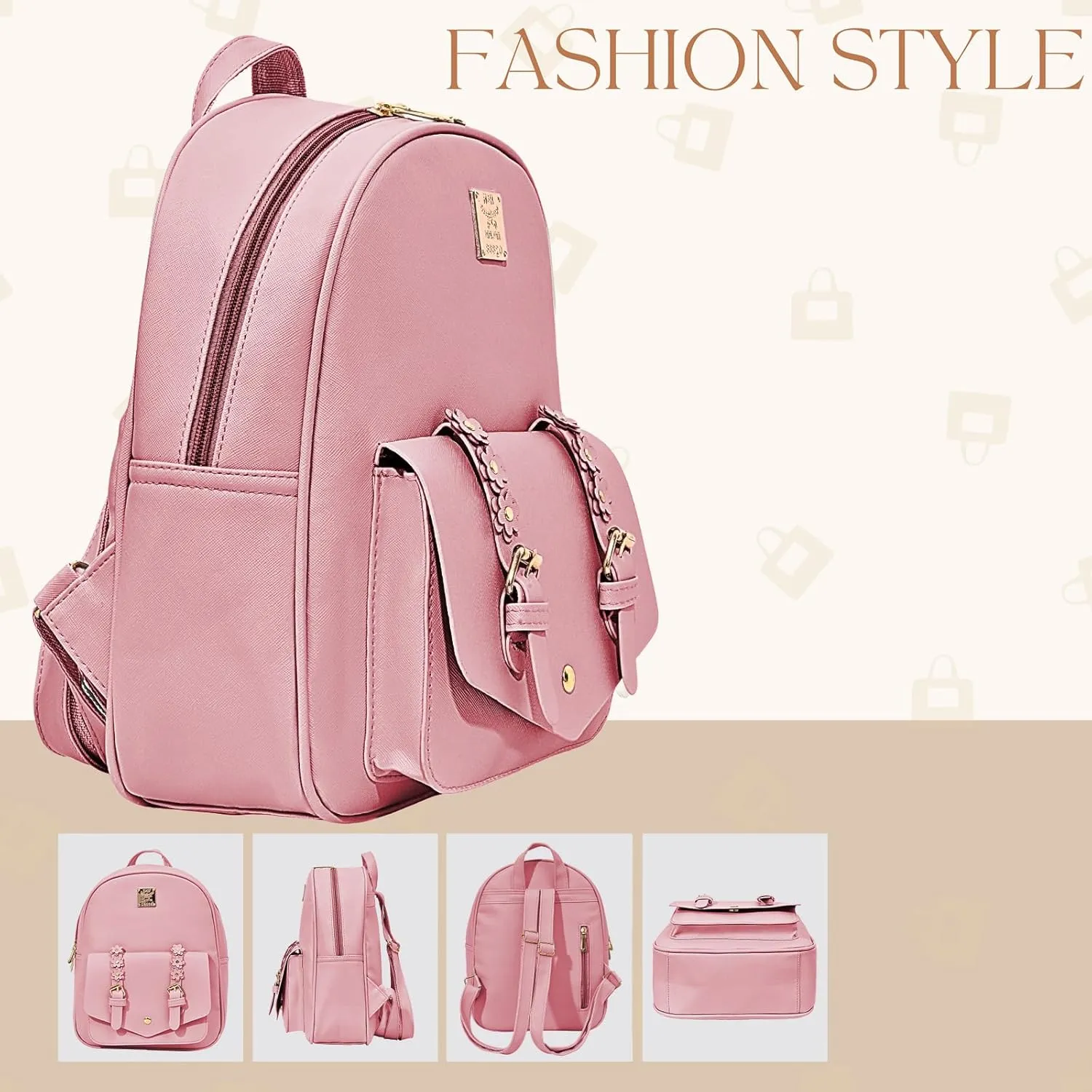 Leather Mini Backpack Purse for Women 3-Piece Set Floral Cute Small Casual Travel School Daypacks Little Wallet Bag（Pink）