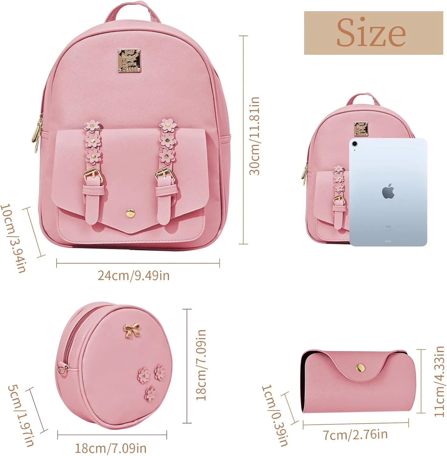 Leather Mini Backpack Purse for Women 3-Piece Set Floral Cute Small Casual Travel School Daypacks Little Wallet Bag（Pink）