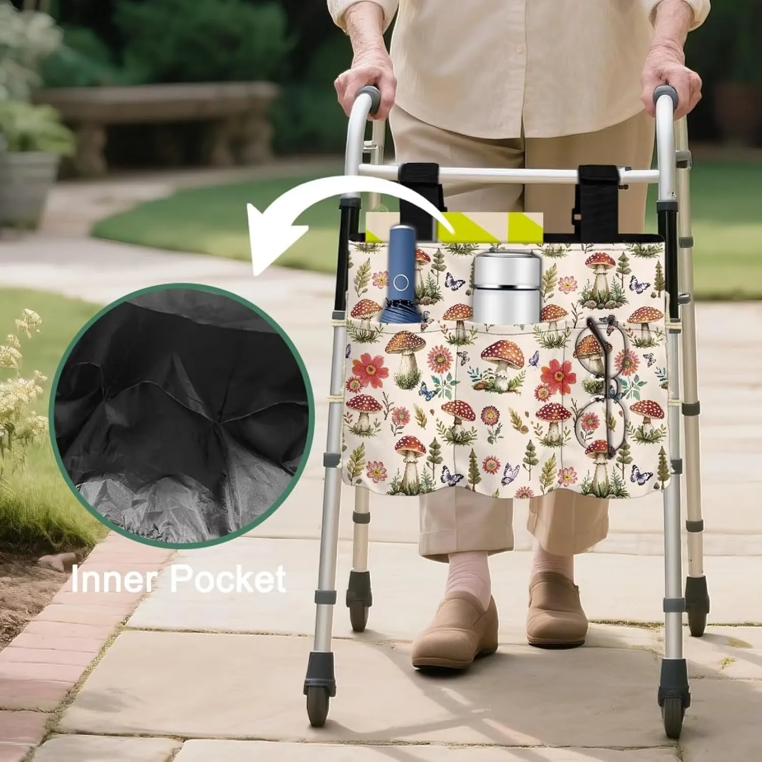 LedBack Durable Organizer Pouch Storage Walker Accessories Large Capacity Walker Bag for Seniors Durable Storage Bag with Fixed Ropes, Mushroom Florals Butterflies Design