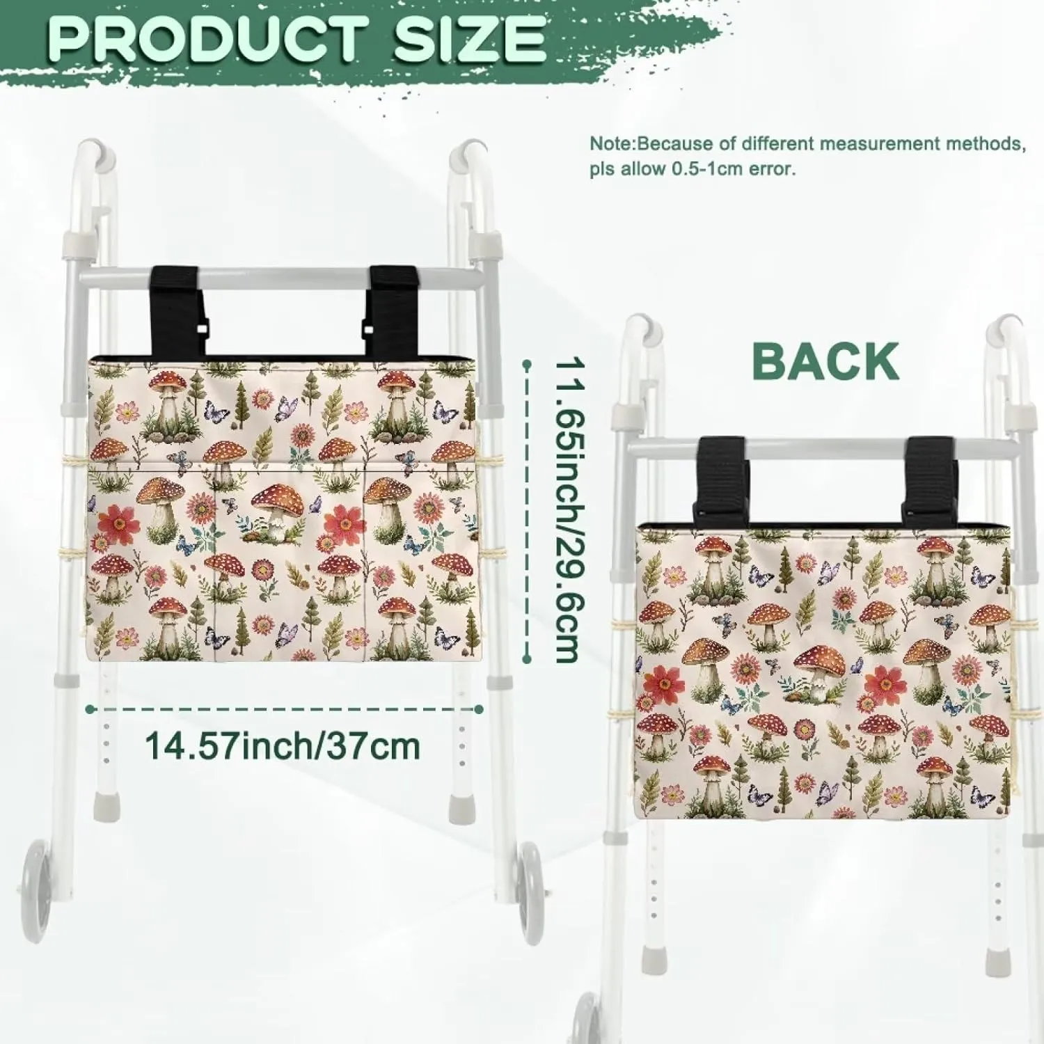 LedBack Durable Organizer Pouch Storage Walker Accessories Large Capacity Walker Bag for Seniors Durable Storage Bag with Fixed Ropes, Mushroom Florals Butterflies Design