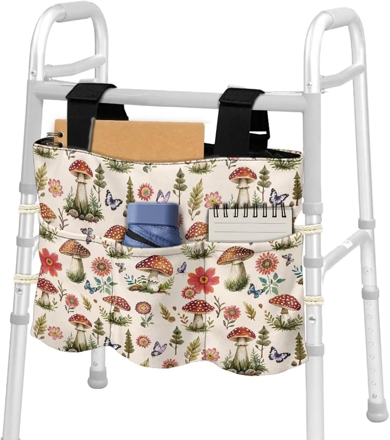 LedBack Durable Organizer Pouch Storage Walker Accessories Large Capacity Walker Bag for Seniors Durable Storage Bag with Fixed Ropes, Mushroom Florals Butterflies Design