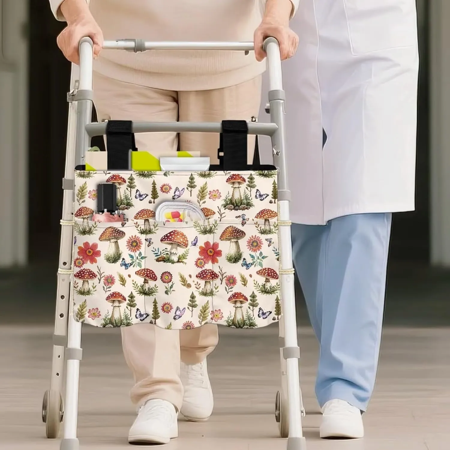 LedBack Durable Organizer Pouch Storage Walker Accessories Large Capacity Walker Bag for Seniors Durable Storage Bag with Fixed Ropes, Mushroom Florals Butterflies Design