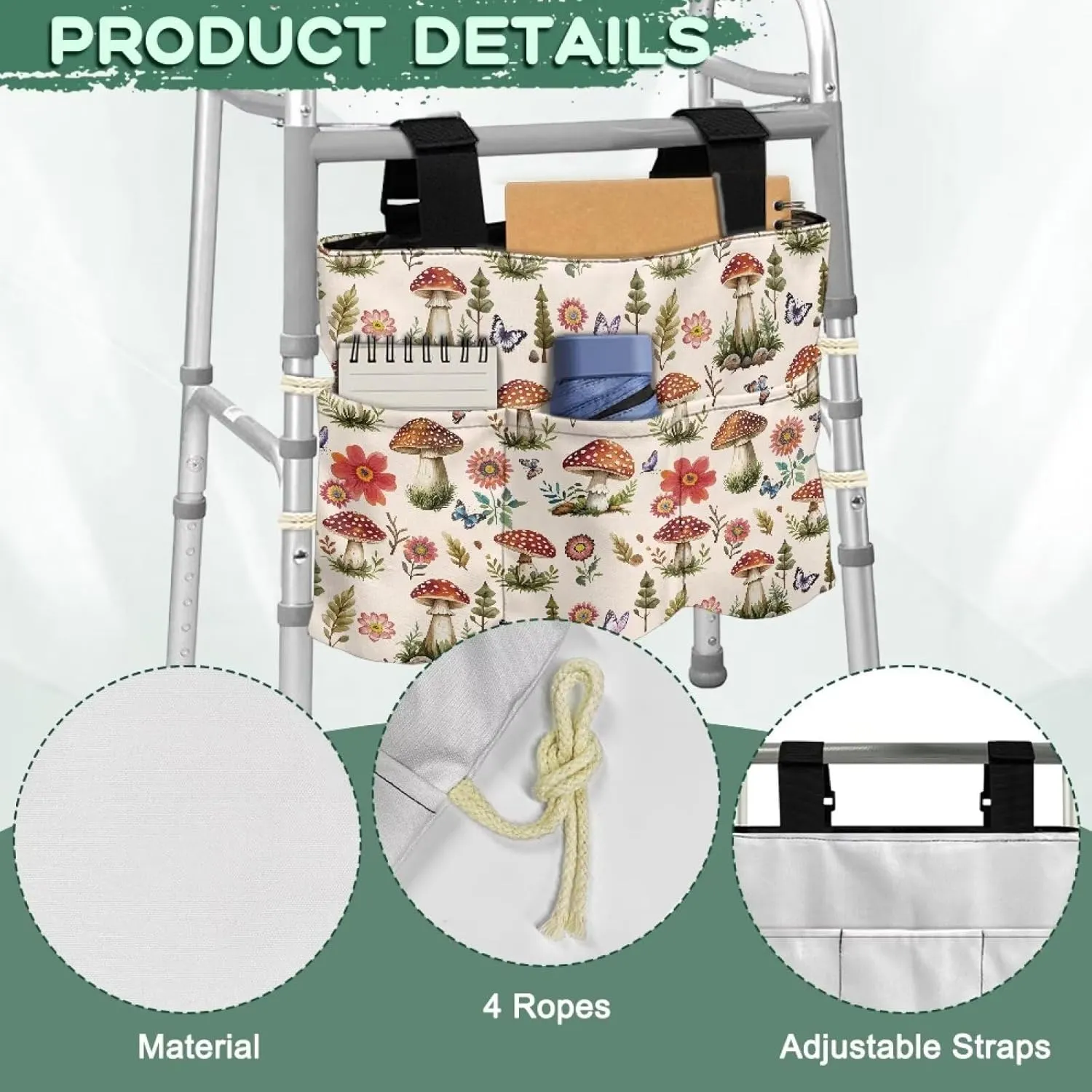LedBack Durable Organizer Pouch Storage Walker Accessories Large Capacity Walker Bag for Seniors Durable Storage Bag with Fixed Ropes, Mushroom Florals Butterflies Design