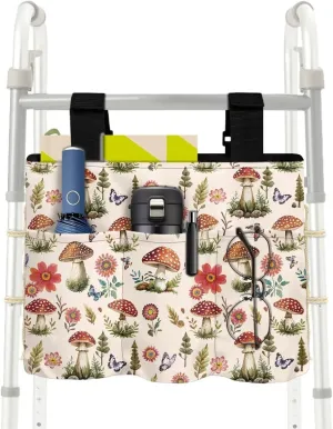 LedBack Durable Organizer Pouch Storage Walker Accessories Large Capacity Walker Bag for Seniors Durable Storage Bag with Fixed Ropes, Mushroom Florals Butterflies Design