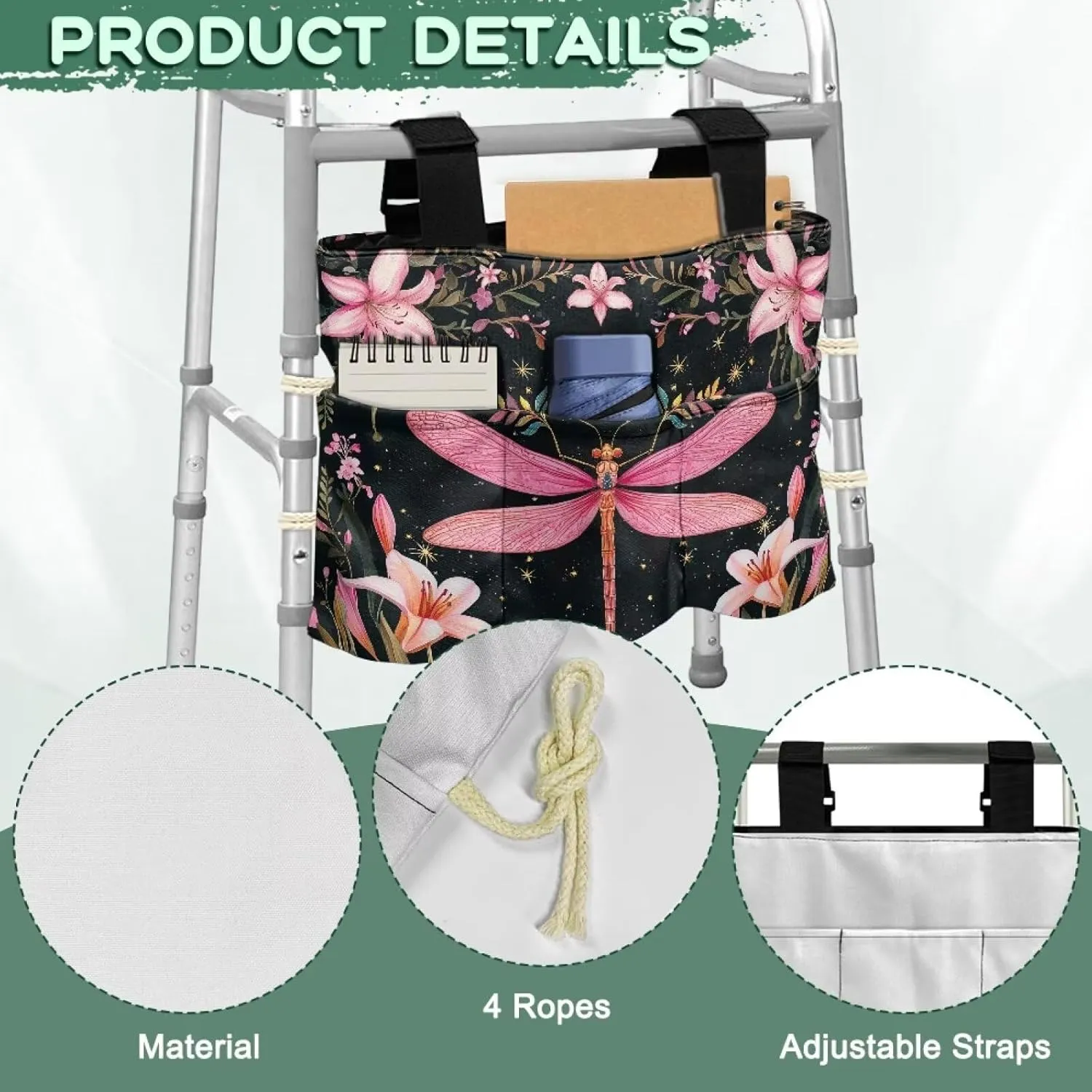 LedBack Pink Bow Tie Print Organizer Pouch Storage Walker Accessories Large Capacity Walker Bag for Seniors Durable Storage Bag with Fixed Ropes
