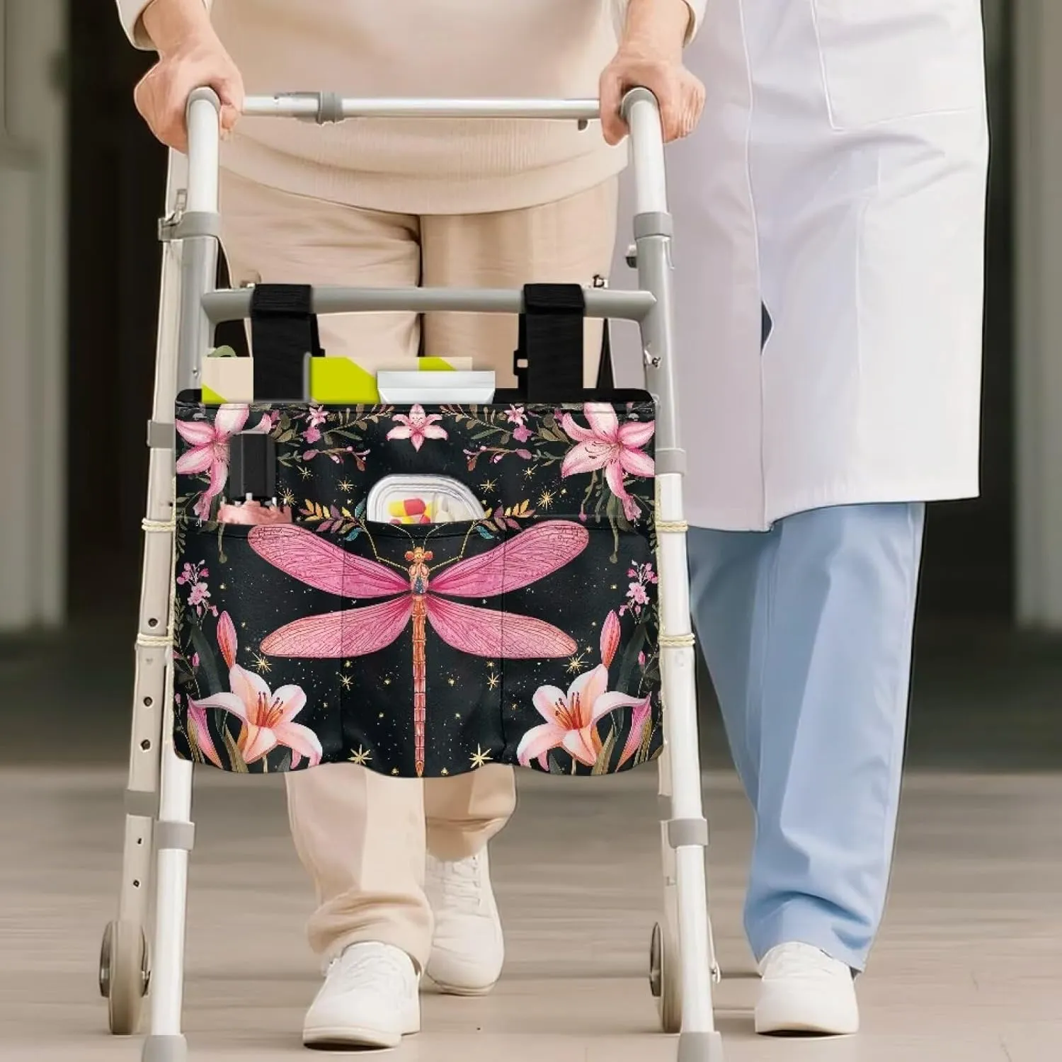 LedBack Pink Bow Tie Print Organizer Pouch Storage Walker Accessories Large Capacity Walker Bag for Seniors Durable Storage Bag with Fixed Ropes