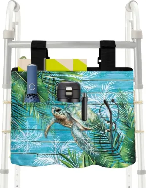 LedBack Walker Bag Large Capacity Storage Bags with Small Pockets Tropical Palm Leaf Turtle Lightweight Walker Accessories for Seniors, Easy to Install and Clean