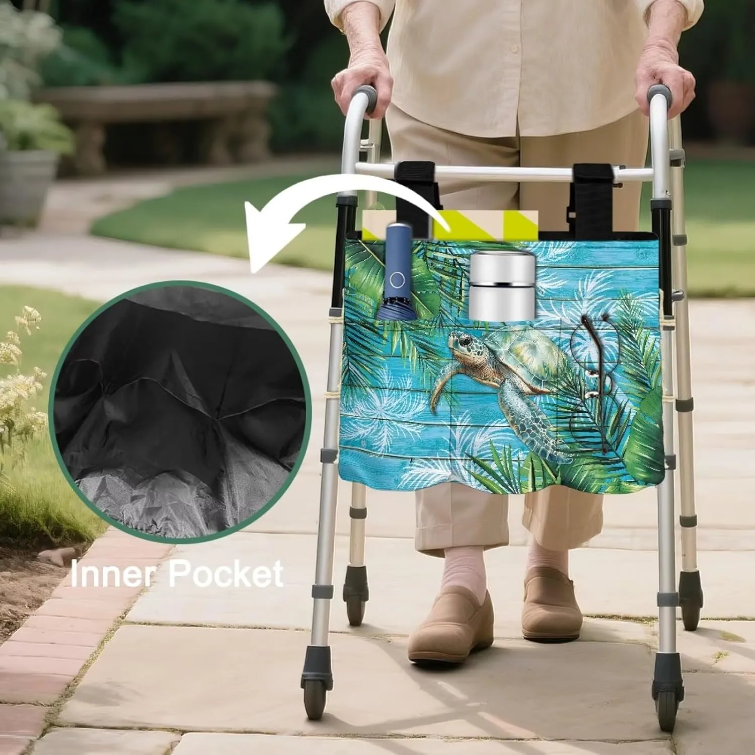 LedBack Walker Bag Large Capacity Storage Bags with Small Pockets Tropical Palm Leaf Turtle Lightweight Walker Accessories for Seniors, Easy to Install and Clean