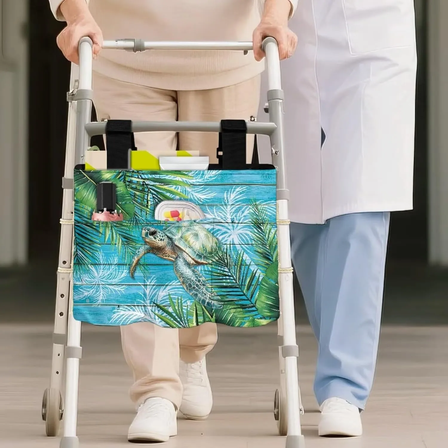 LedBack Walker Bag Large Capacity Storage Bags with Small Pockets Tropical Palm Leaf Turtle Lightweight Walker Accessories for Seniors, Easy to Install and Clean