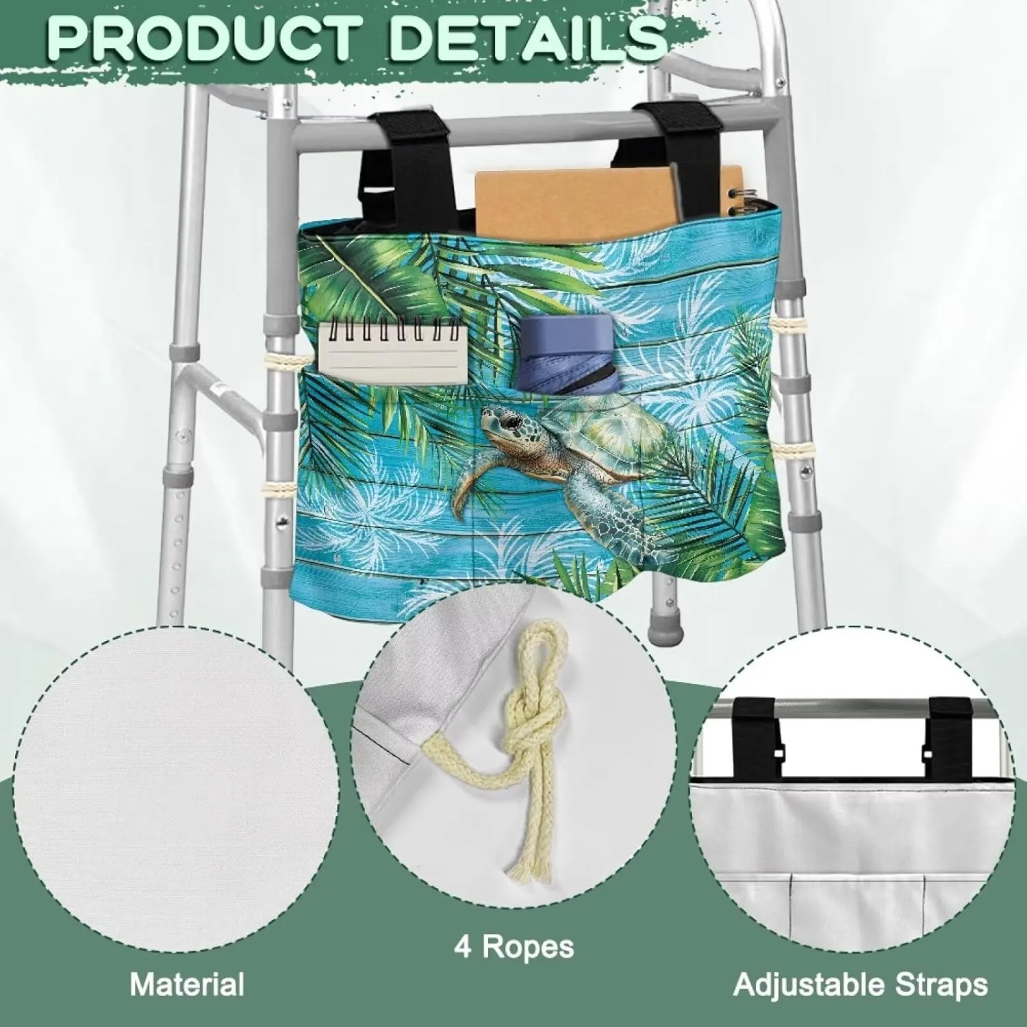 LedBack Walker Bag Large Capacity Storage Bags with Small Pockets Tropical Palm Leaf Turtle Lightweight Walker Accessories for Seniors, Easy to Install and Clean