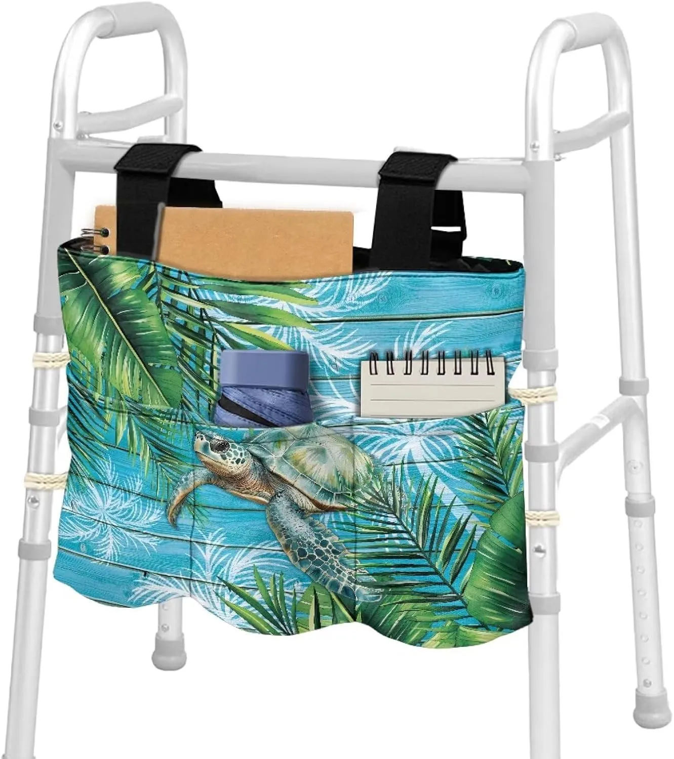LedBack Walker Bag Large Capacity Storage Bags with Small Pockets Tropical Palm Leaf Turtle Lightweight Walker Accessories for Seniors, Easy to Install and Clean