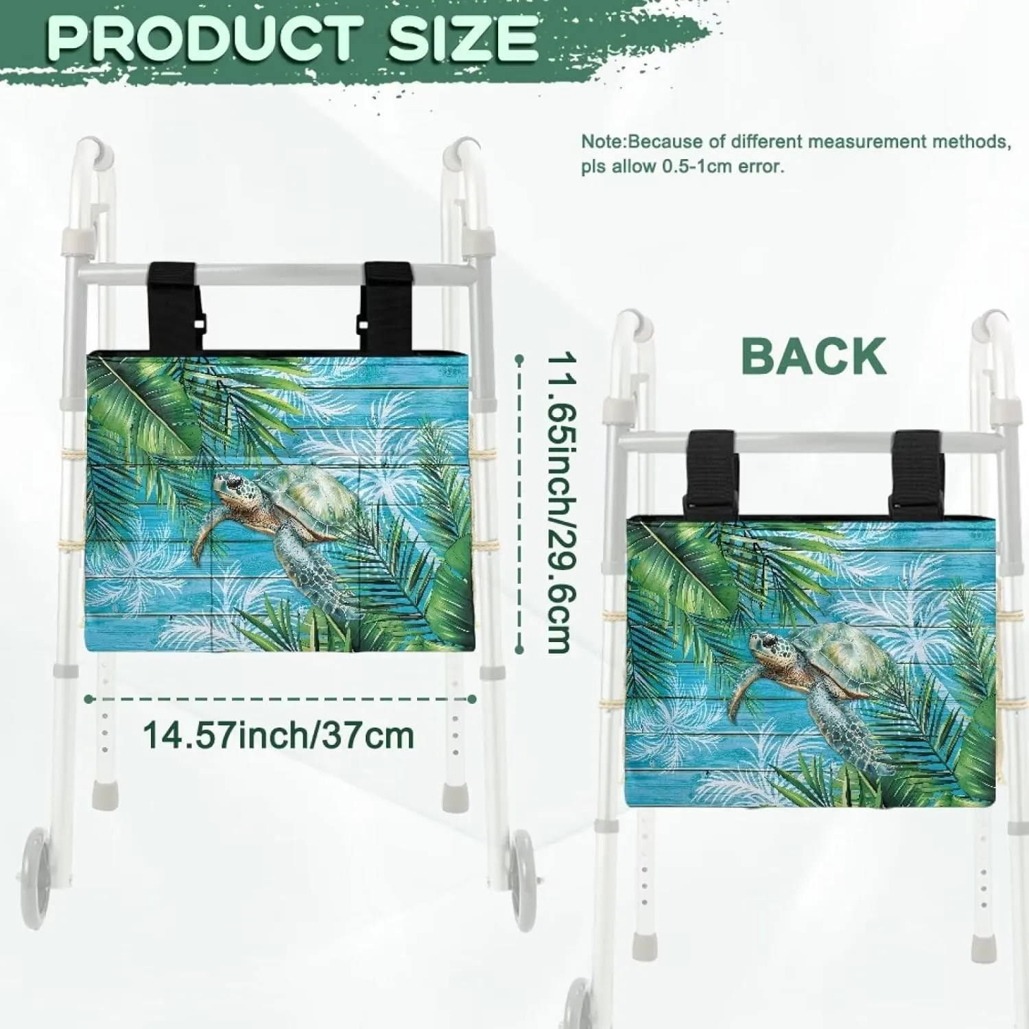 LedBack Walker Bag Large Capacity Storage Bags with Small Pockets Tropical Palm Leaf Turtle Lightweight Walker Accessories for Seniors, Easy to Install and Clean